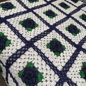 Handmade Granny Square Crochet Blanket Navy Blue White Green Flower Accent